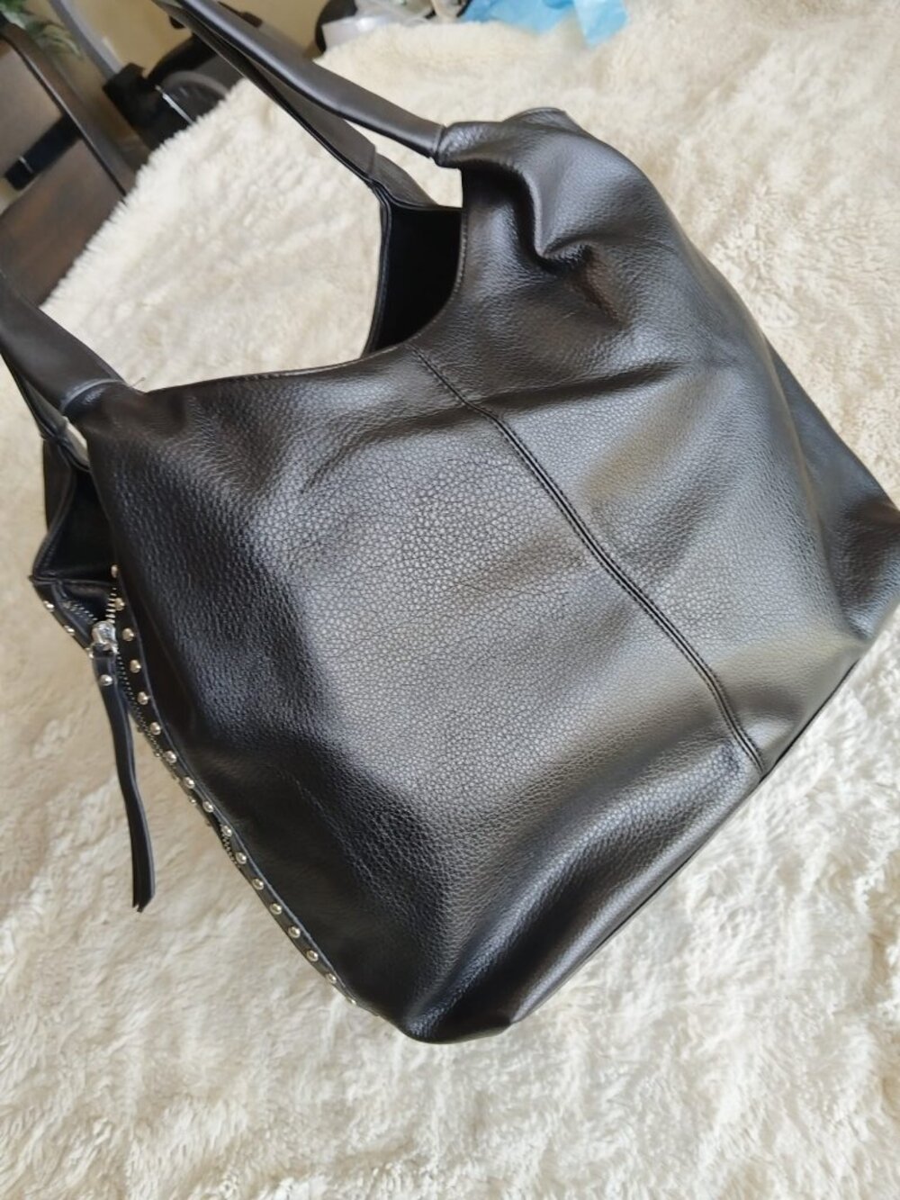 Black Pebble Leather Studded Hobo Bag Shoulder Tote Zipper Accents Edgy Rocker - Picture 2 of 12